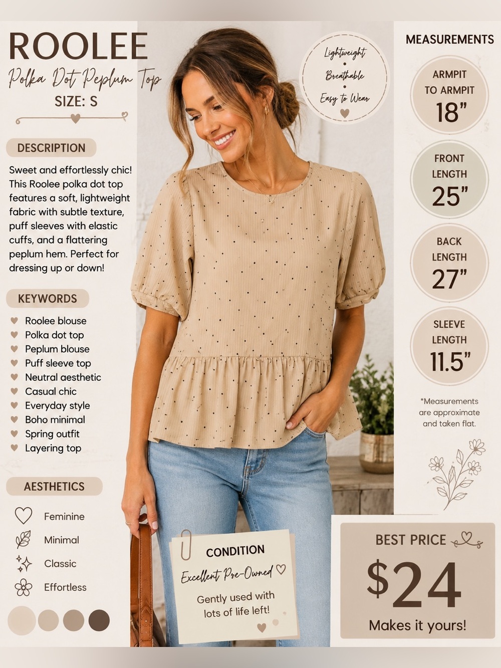 Roolee Cream Peplum Dot Blouse